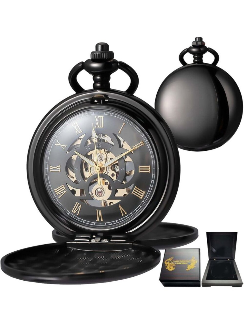 Vintage Mechanical Pocket Watch with Chain, Retro Handwind, Roman Numerals